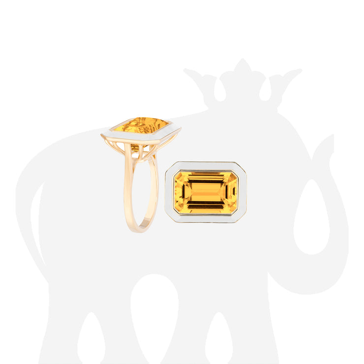 East-West Citrine Emerald Cut Ring with White Enamel