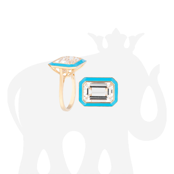 East-West Rock Crystal Emerald Cut Ring with Turquoise Enamel