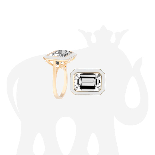 East-West Rock Crystal Emerald Cut Ring with White Enamel