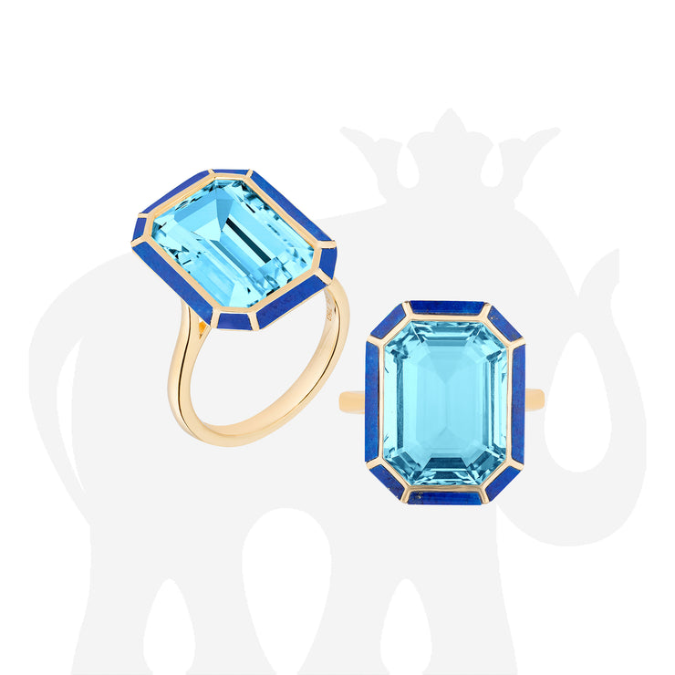 Blue Topaz & Lapis Lazuli Inlay Emerald Cut Ring